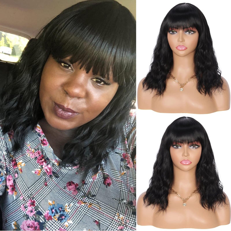 Kalyss 14" Synthetic Wig with Hair Bangs Short Wavy Curly Wig for Women -Natural Looking and Heat Resistant Full Head Hair Replacement Wig for Daily Wear or Costume Wigs - Image 2